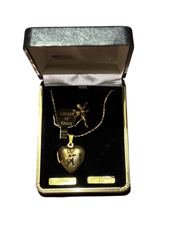 Jewelry - Gold Heart Locket Necklace with Angel Accent & Matching Brooch